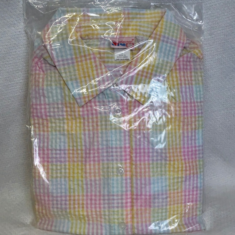 American Sweetheart Pastel Rainbow Gingham Seersucker Button Up Shirt BGK L